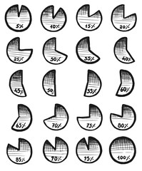 Pie chart. Hand-drawn felt tip pen pie chart infographic diagram doodle vector icon isolated set. Handwritten black-and-white sketch element showing different percentage quantity illustration.