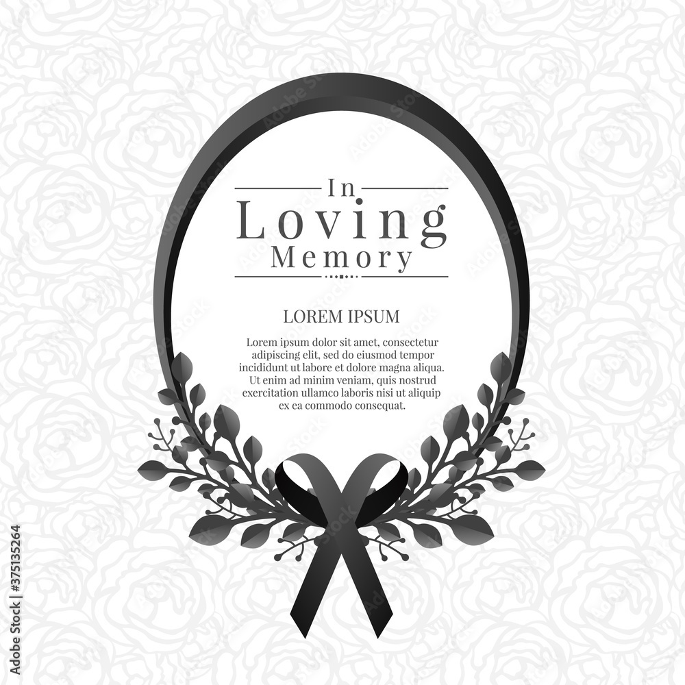 Poster in loving memory text in oval frame with leaf bouquets and black ribbon on abstract rose texture bac