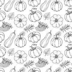 Hand drawn autumn seamless pattern from pumpkins and leaves. Vector illustration. Black and white. Monochrome. Object for packaging, advertisements, menu.