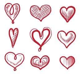 Heart icon. Red art heart shape hand drawn decoration icon isolated vector set on white. Wedding, love grunge background. Romantic highlight symbol illustration. Outline doodle collection