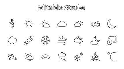 Set of Weather vector line icons. Contains symbols of the sun, clouds, snowflakes, wind, rainbow, moon and much more. Editable Stroke. 32x32 pixels.