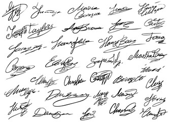 Business autograph. Unique black hand drawn personal sprawling signature scribble collection. Authentic-looking vector handwritten curved autograph set. Business documentation design illustration - obrazy, fototapety, plakaty