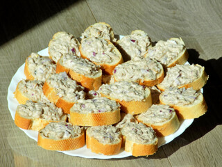 Cut fresh bread with tuna spread