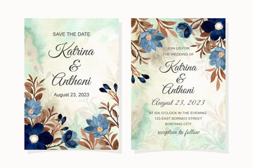 Fototapeta na wymiar Wedding invitation card with blue flower and brown leaves watercolor