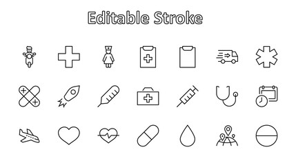 Set of Medicine vector line icons. It contains the first aid kit, nurse, syringe, thermometer, plastic, pills, heart, drop of blood, palpitation and much more. Editable Stroke. 32x32 pixels.