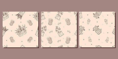 Houseplants. Set of seamless patterns with houseplants. Vector illustration on a beige background.