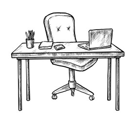 Hand drawn workplace. Sketch table desk with chair, computer laptop, notebook and stationary on white. Vector empty workplace home office room interior design. Workstation furniture illustration