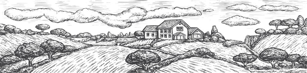 Rustic landscape. Engraved vector rustic landscape with house, field, tree. Black and white hand drawn village sketch in vintage style. Harvesting and gardening illustration. Detailed farmland scene