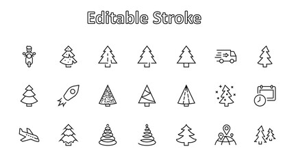 Christmas Tree thin line icon set. Stylized linear icons of artificial snow, spruce, present box fir. Editable Stroke. 32x32 Pixels