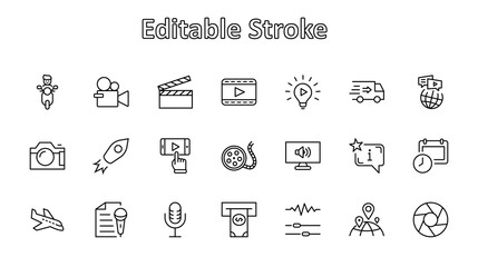 International Film Day Set Line Vector Icons. Contains such Icons as Clapperboard, Camera, Video, Play, Film, Lens, Microphone, Media settings and more. Editable Stroke. 32x32 Pixels