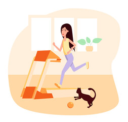 Slim woman running on treadmill, near to her a cat play with a ball. Color vector flat cartoon illustration. Healthy sport lifestyle.