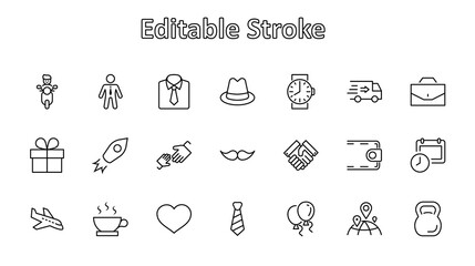 Father's Day Set Line Vector Icons. Contains such Icons as Mustache, tie, shirt, handshake, diplomat, hat, coffee, purse, gift, portfolio and more. Editable Stroke. 32x32 Pixels