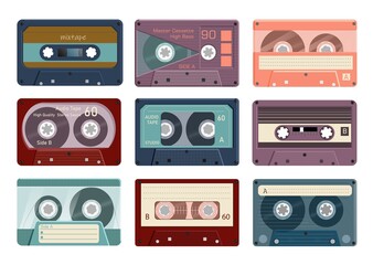 Audio tape. Vintage analogue player record tape cassette collection on white background. Vector retro stereo music mixtape isolated set illustration. Obsolete bilateral magnetic reel strip