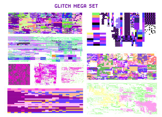 Bundle of glitch overlays. Computer screen error, digital pixel noise design.