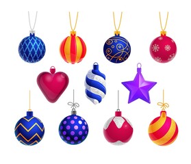 Christmas decoration. Xmas glass ball, heart, star, baubles set isolated on white background. Holiday decoration template. Popular Christmas ornament decorative object. Adornment vector illustration