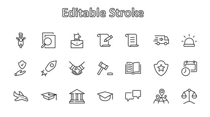 Set of Law and justice Vector Line Icons. Contains such Icons as weapon, arrest, authority, courthouse, gavel, legal, weapon and more. Editable stroke. 32x32 Pixels