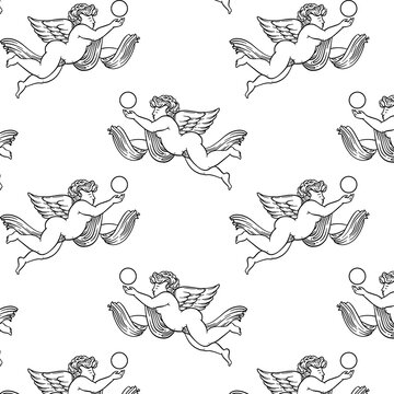 Vector pattern with  hand drawn  illustration of cupid woth wings.  Creative tattoo artwork. Template for card, poster, banner, print for t-shirt, pin, badge, patch.