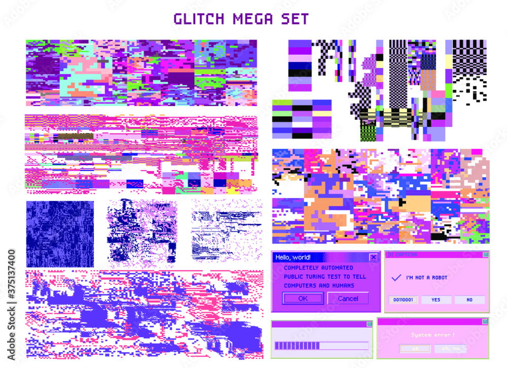 Aufkleber Bundle of HUD elements and glitch overlays. Computer screen error, digital pixel noise design.