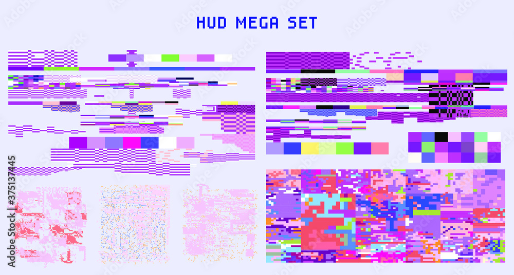 Poster bundle of glitch overlays. computer screen error, digital pixel noise design.