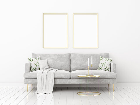 Vertical poster mockup with two wooden frames in living room interior with grey sofa and minimalist Christmas decoration. 3d rendering, illustration.