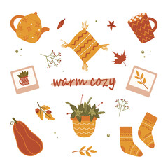 
Warm comfort. A collection of different autumn items for home decor. Hand drawing. Vector illustration in cartoon style.