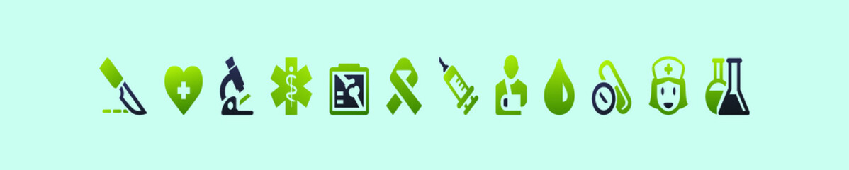 set of hospital and medical care cartoon icon design template with various models. vector illustration