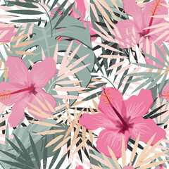 Seamless vector floral summer pattern background with tropical palm leaves and hibiscus flowers. Elegant pastel palette. Perfect for wallpapers, web page backgrounds, surface textures, textile