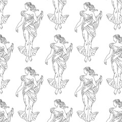 Vector pattern with  hand drawn  illustration of woman with greek profile and drapery isolated. Creative tattoo artwork. Template for card, poster, banner, print for t-shirt, pin, badge, patch.