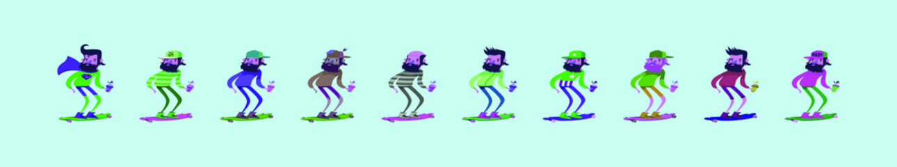 set of hipster skater with skateboard cartoon icon design template in various models. vector illustration