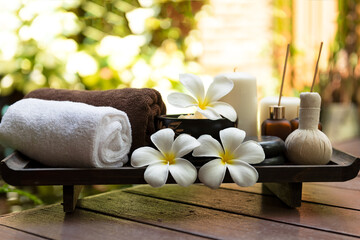 Thai Spa.  Massage spa treatment aroma for healthy wellness and relax. Spa Plumeria flower for body therapy.  Lifestyle Healthy Concept - obrazy, fototapety, plakaty