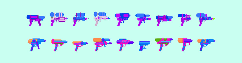 Cartoon gun collection. Flat vector colorful toys. Space laser guns design. Vector illustration isolated on blue background.