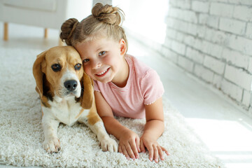 Child with a dog. Little girl plays with a dog at home. Child and animal. High quality photo.