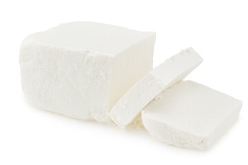 Slices feta cheese isolated on white background. Clipping path and full depth of field