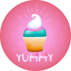 Funny card with cupcake and pink background. Sticker with little cupcake with cream and sweets.