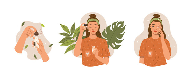 Fototapeta premium Beauty Girl Take Care of her Face and Applying Cosmetic Serum Oil. Woman Making Facial Massage by Lines. Skin Care Routine, Hygiene and Moisturizing Concept. Flat Vector Illustration and Icons set.