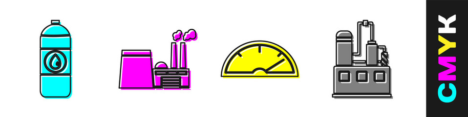 Set Canister for motor machine oil, Oil industrial factory building, Speedometer and Oil industrial factory building icon. Vector.