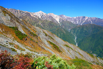 中部山岳国立公園、秋の八方尾根より白馬連峰を望む。長野、日本。10月上旬。