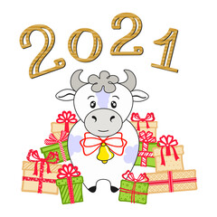 White spotted bull with a bell among the gift boxes and lettering 2021 on a white. New Year 2021 of the ox, bull, cow. Vector design template for Christmas and New Year banner, poster and calendar 