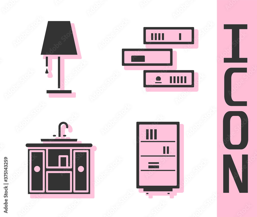 Poster set library bookshelf, table lamp, washbasin cabinet with tap and shelf with books icon. vector.