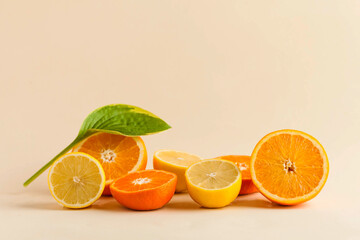 Citrus fruits such as lemon, orange, tangerine. Vitamins, food to strengthen the immune system. Copy space.
