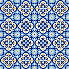 Portuguese tile pattern vector seamless with flowers motifs. Sicily italian majolica, portugal azulejos, mexican talavera, venetian and spanish ceramic. Background for kitchen wall or bathroom floor.