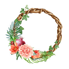 Pomegranate and peony flower and fruit wreath watercolor illustration. Hand drawn exotic floral decorative frame. Beautiful vintage vine rustic wreath with flowers isolated on white background