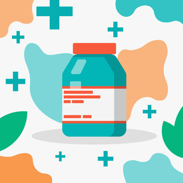 Medical bottle with elixir or pills for pharmacy or hospital. Painkiller for drugstore. Eps 10 vector
