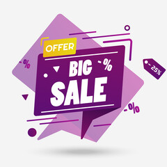 Big sale violet banner vector layout for store, shop or market. Discount, motion and 3d effect. Eps 10 vector