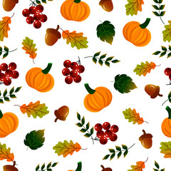 Autumn leaves, red berries and pumpkin. Vector seamless pattern on a white background. For packaging. fabrics and decor.