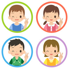 笑顔でピースサインをする女の子と男の子のアイコン　セット　子ども　イラスト