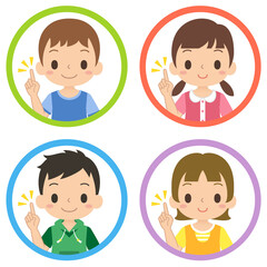 笑顔で指差しポーズをする女の子と男の子のアイコン　セット　子ども　イラスト
