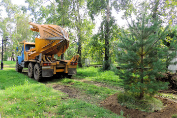    Tree transplanter heavy machine. machine for transplanting large trees. Planting large spruce...