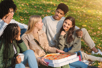 Group of teenagers having picnic at public park
