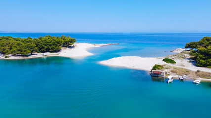 Fototapeta premium Exotic two sand beaches and blue sea between them. Aerial view 